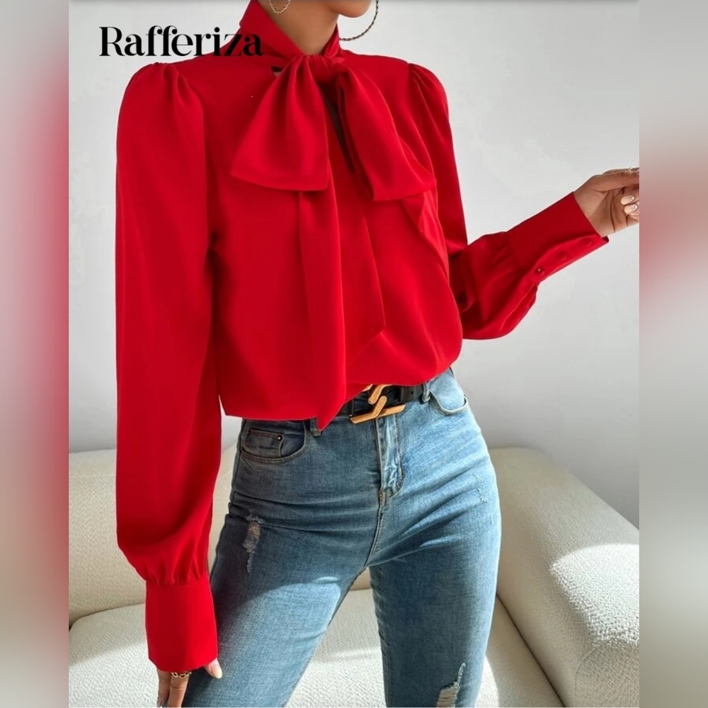 Shein Rafferiza Solid Tie Neck Puff Sleeve Shirt